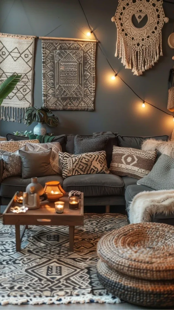 grey boho living room ideas fringed throw grey sofa arm 2026
