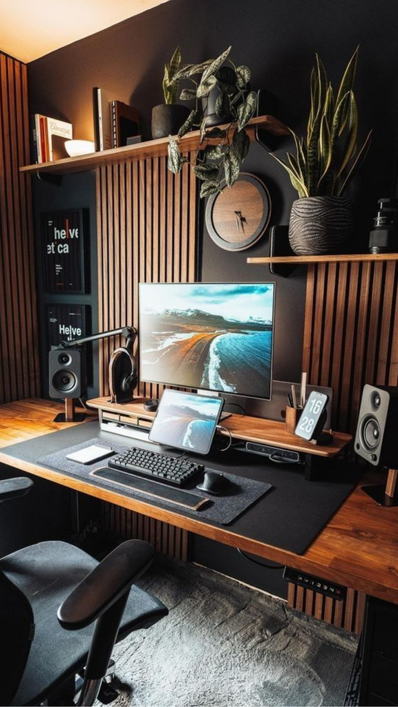 black accent wall ideas home office desk warm wood 2026