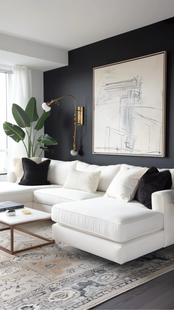black accent wall ideas cream boucle sofa black wall 2026