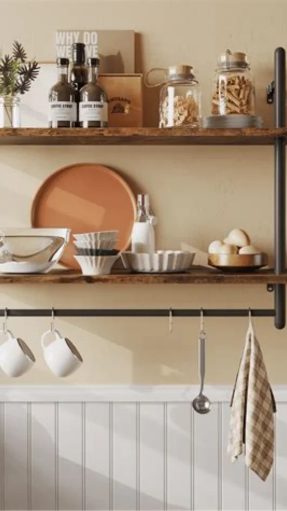 black accent wall ideas wood shelving black wall styled 2026