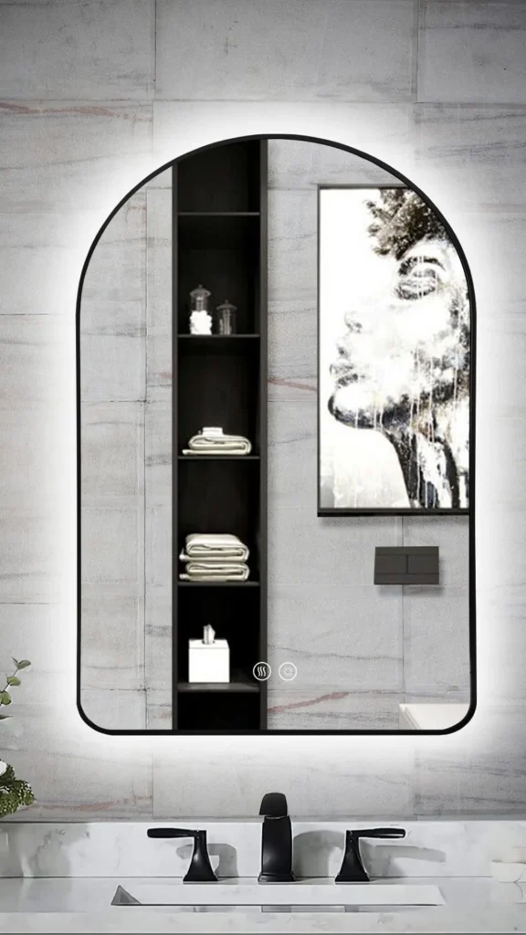 black accent wall ideas arch mirror black wall reflecting light 2026
