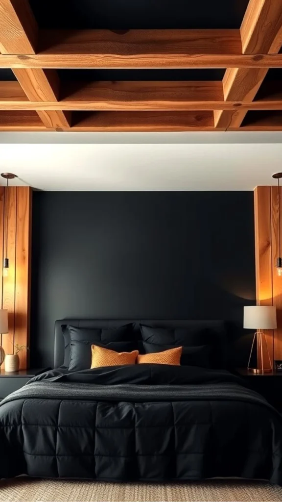 A black accent wall positioned behind a bed with warm linen bedding