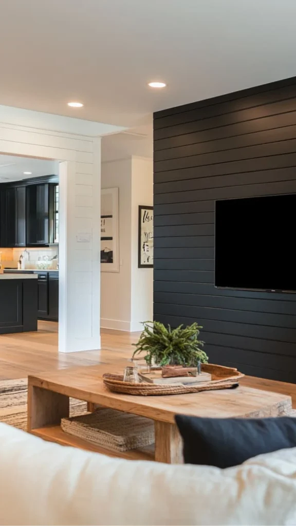 black accent wall ideas balanced warm textiles wood lighting 2026