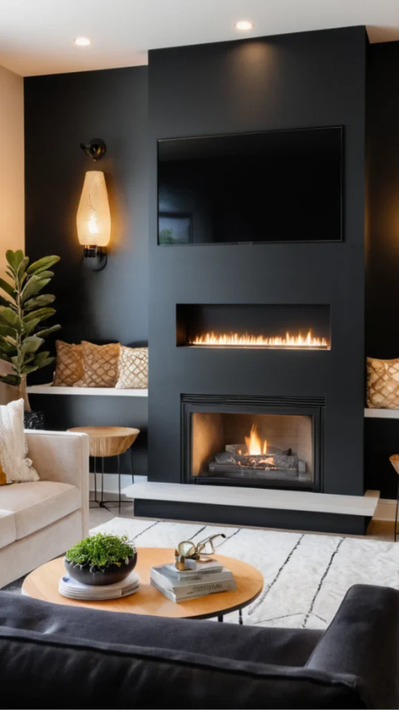 black accent wall ideas warm oak furniture black wall living room 2026