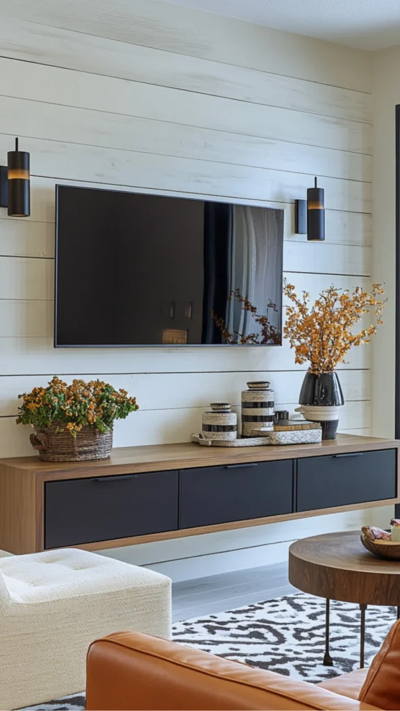 black accent wall ideas television feature wall warm wood console 2026
