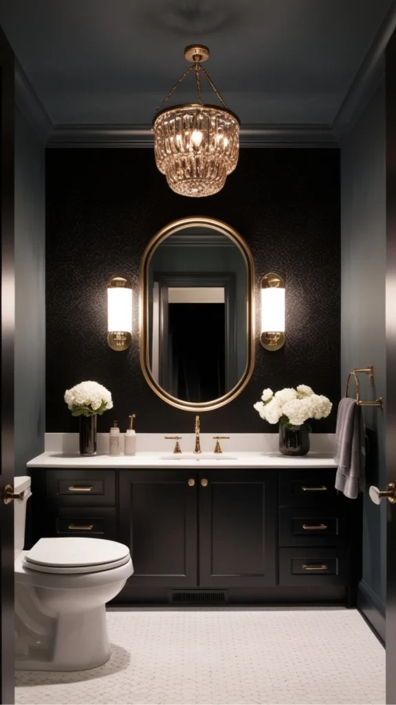 black accent wall ideas small powder room black brass 2026